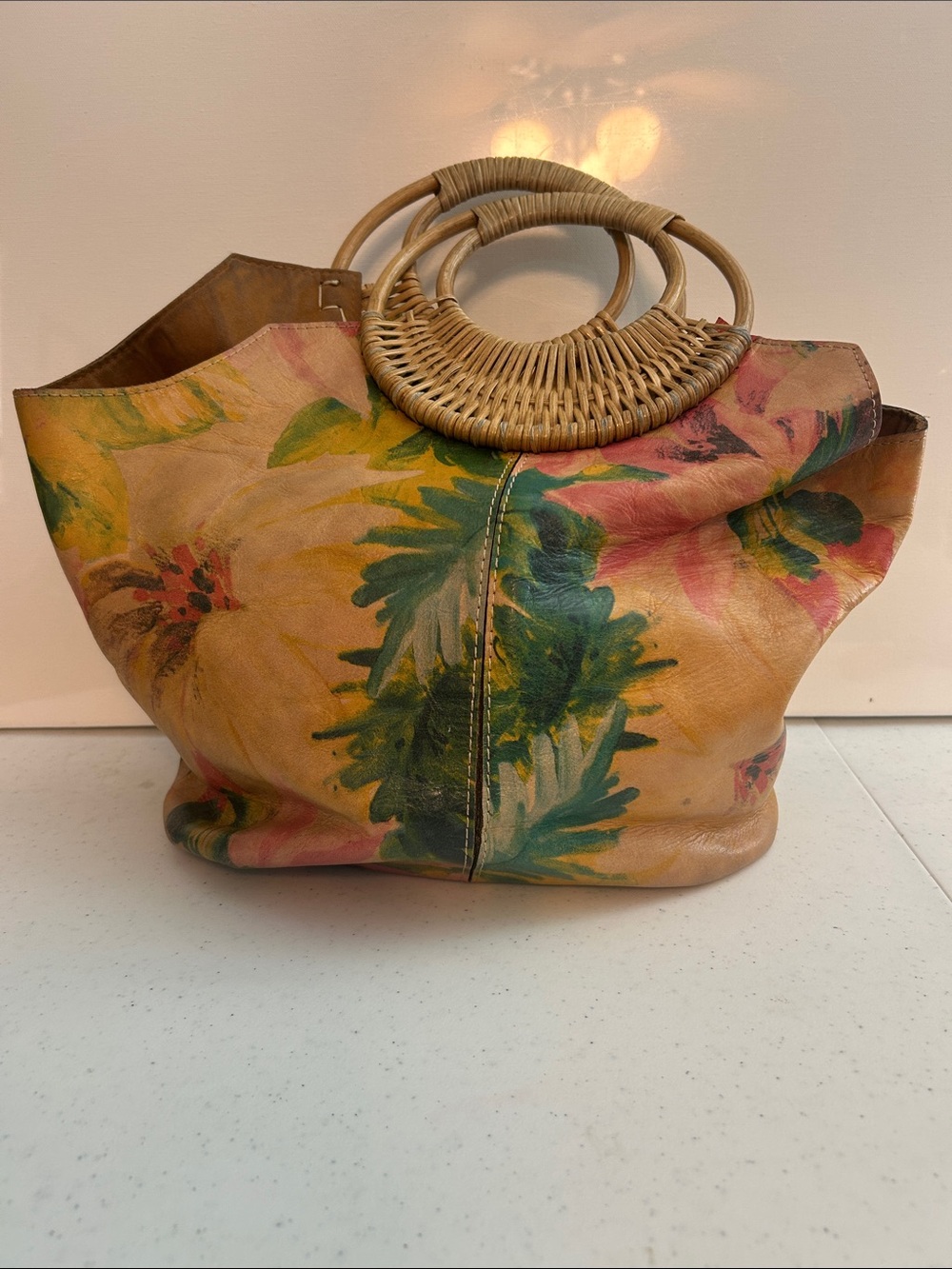 Patricia Nash Floral Leather Tote with Woven Circular Handles - Pink, Green, Tan